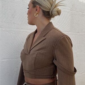 NWT. V-neck Mock corset cropped blazer with flare sleeves